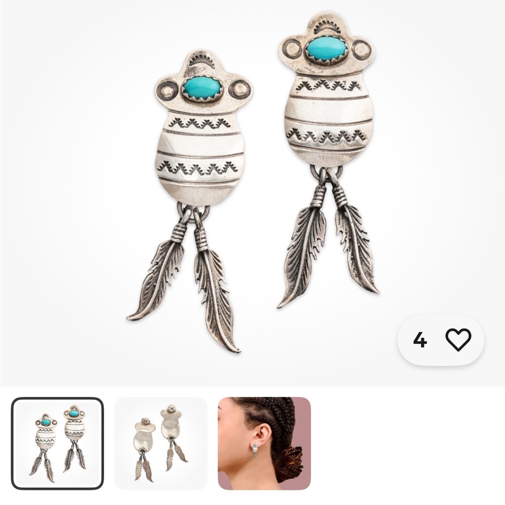 Vintage Navajo Style Sterling Silver and Turquoise Etched Pottery Earrings